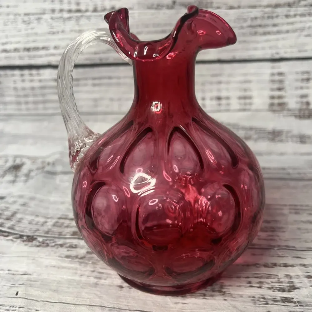 Vintage Fenton Cranberry Red Thumbprint Glass Pitcher with‎ Flared Rim 6.5
